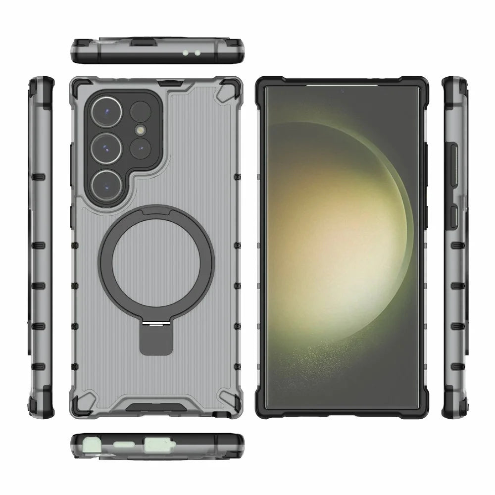 For Samsung Galaxy S24 Ultra Case with Magnetic Ring Holder Stripe Design PC+TPU Back Cover - Grey - 5
