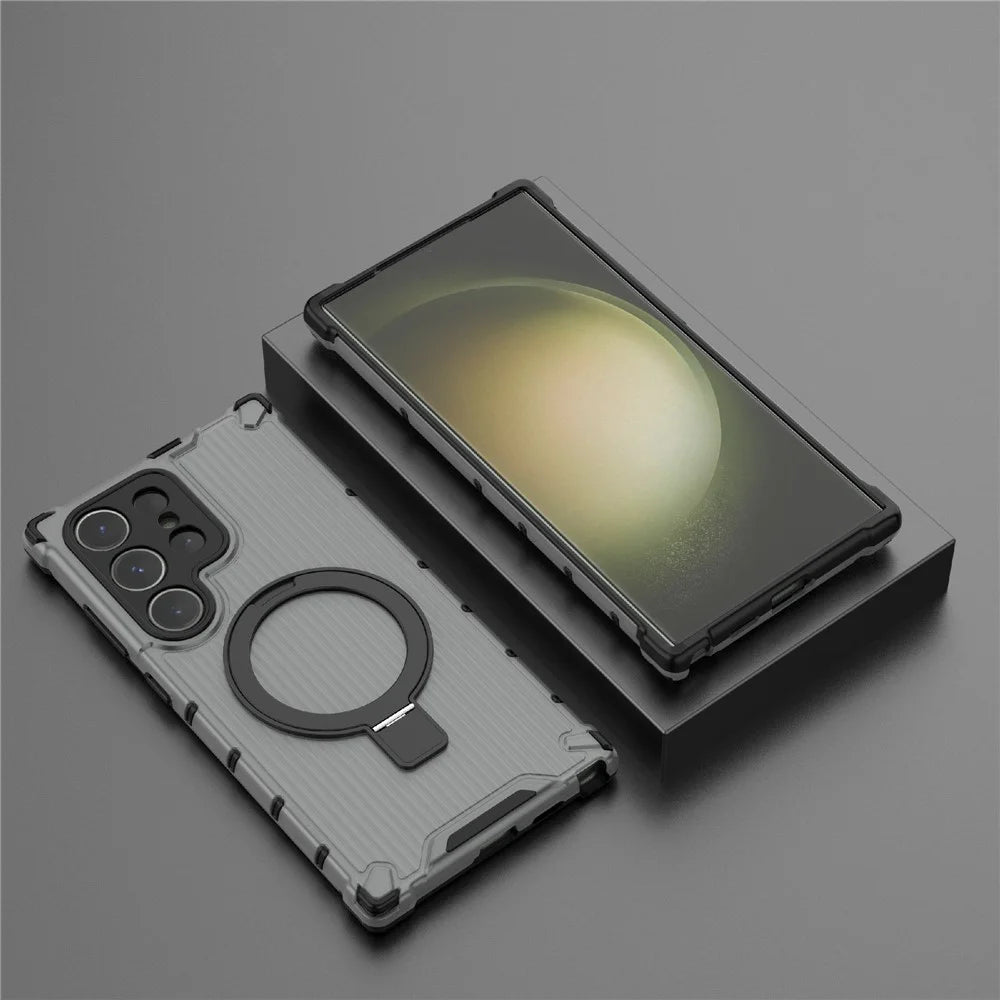 For Samsung Galaxy S24 Ultra Case with Magnetic Ring Holder Stripe Design PC+TPU Back Cover - Grey - 6