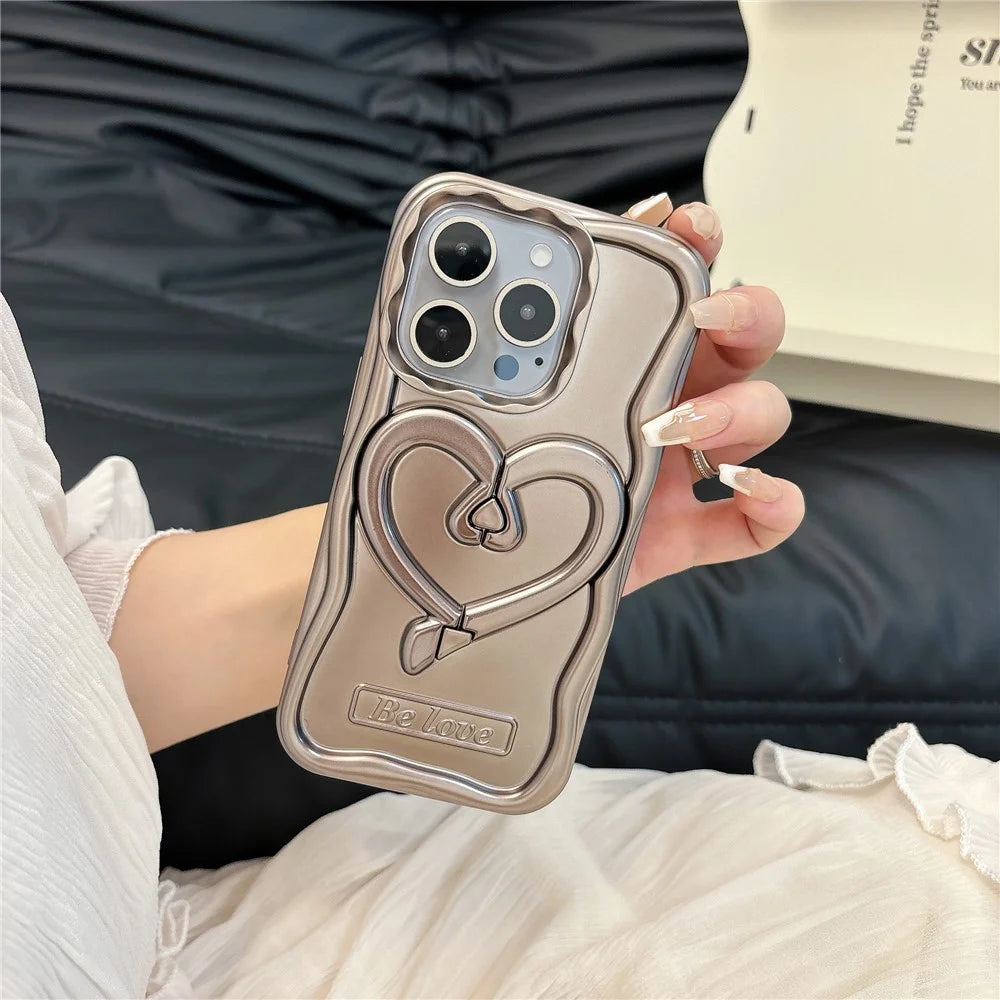 For iPhone 12 Pro Max Electroplated Cover Heart Shape Kickstand TPU Cell Phone Case - Titanium Grey - 5