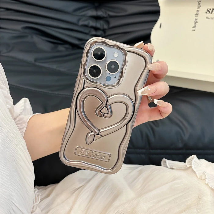 For iPhone 15 Pro Max Cover Heart Shape PC Kickstand Electroplated TPU Phone Case - Titanium Grey - 5