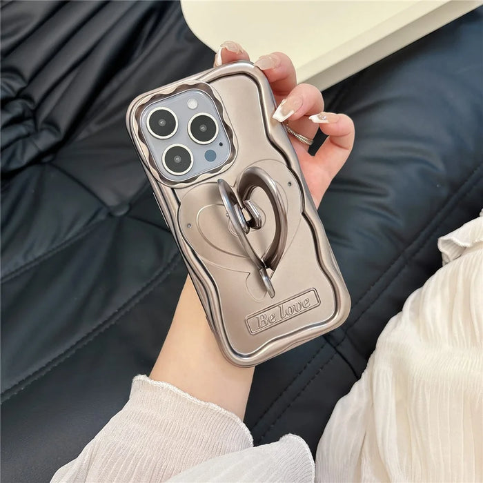 For iPhone 15 Pro Max Cover Heart Shape PC Kickstand Electroplated TPU Phone Case - Titanium Grey - 6