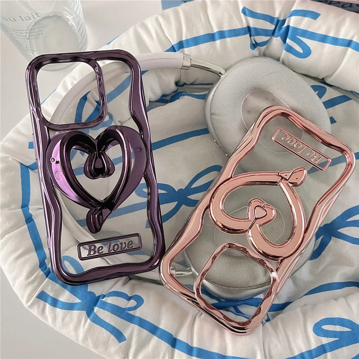 For iPhone 15 Pro Cover Love Heart Kickstand TPU Electroplated Clear Cell Phone Case - Pink - 5