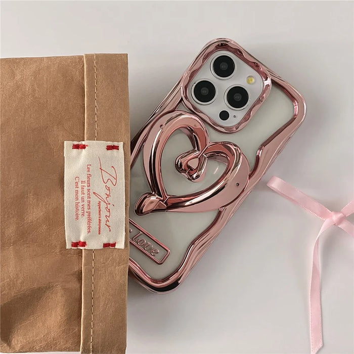 For iPhone 14 Pro Max Case Anti-Drop Heart Kickstand Electroplated TPU Clear Phone Back Cover - Pink - 3