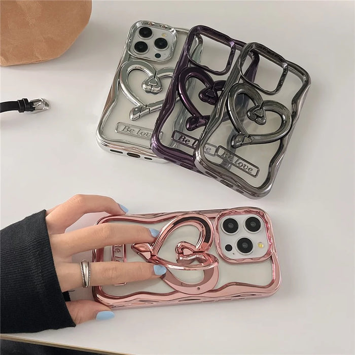 For iPhone 14 Pro Max Case Anti-Drop Heart Kickstand Electroplated TPU Clear Phone Back Cover - Pink - 6