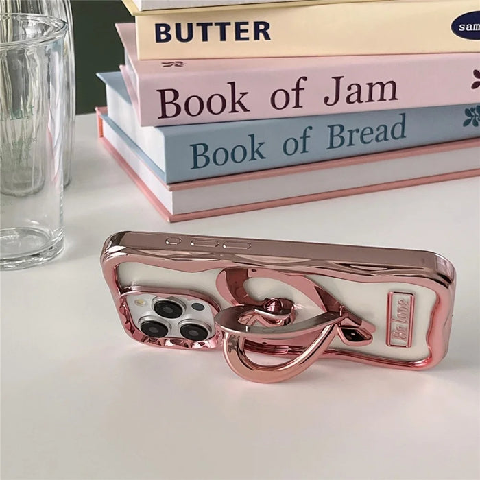 For iPhone 12 Pro Case Stylish Heart Kickstand Phone Cover Electroplated TPU Clear Cell Phone Shell - Pink - 2