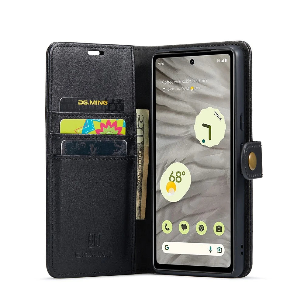 DG.MING for Google Pixel 8a Case Removable 2 in 1 Split Leather Folio Phone Cover - Black - 2