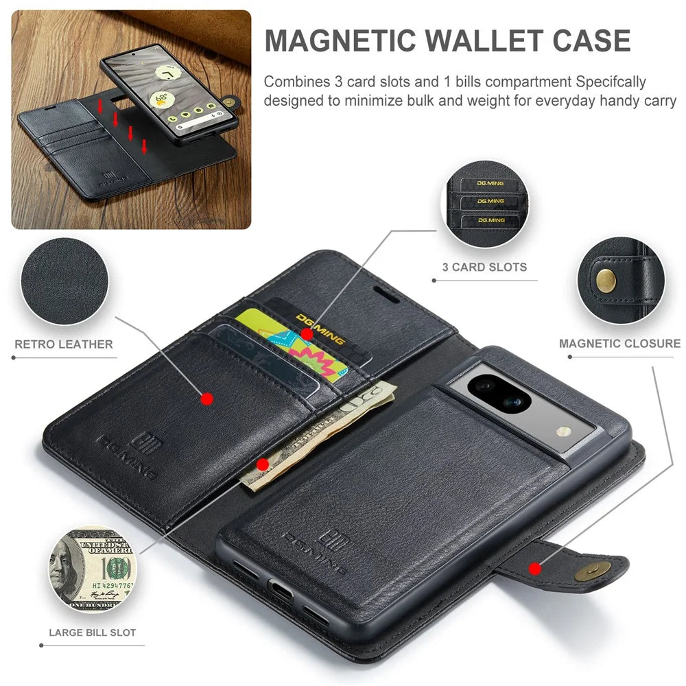 DG.MING for Google Pixel 8a Case Removable 2 in 1 Split Leather Folio Phone Cover - Black - 5