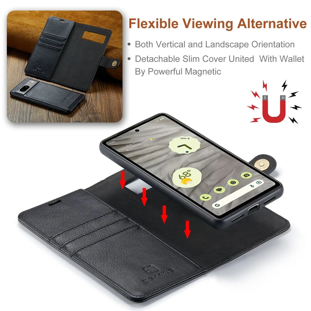 DG.MING for Google Pixel 8a Case Removable 2 in 1 Split Leather Folio Phone Cover - Black - 6