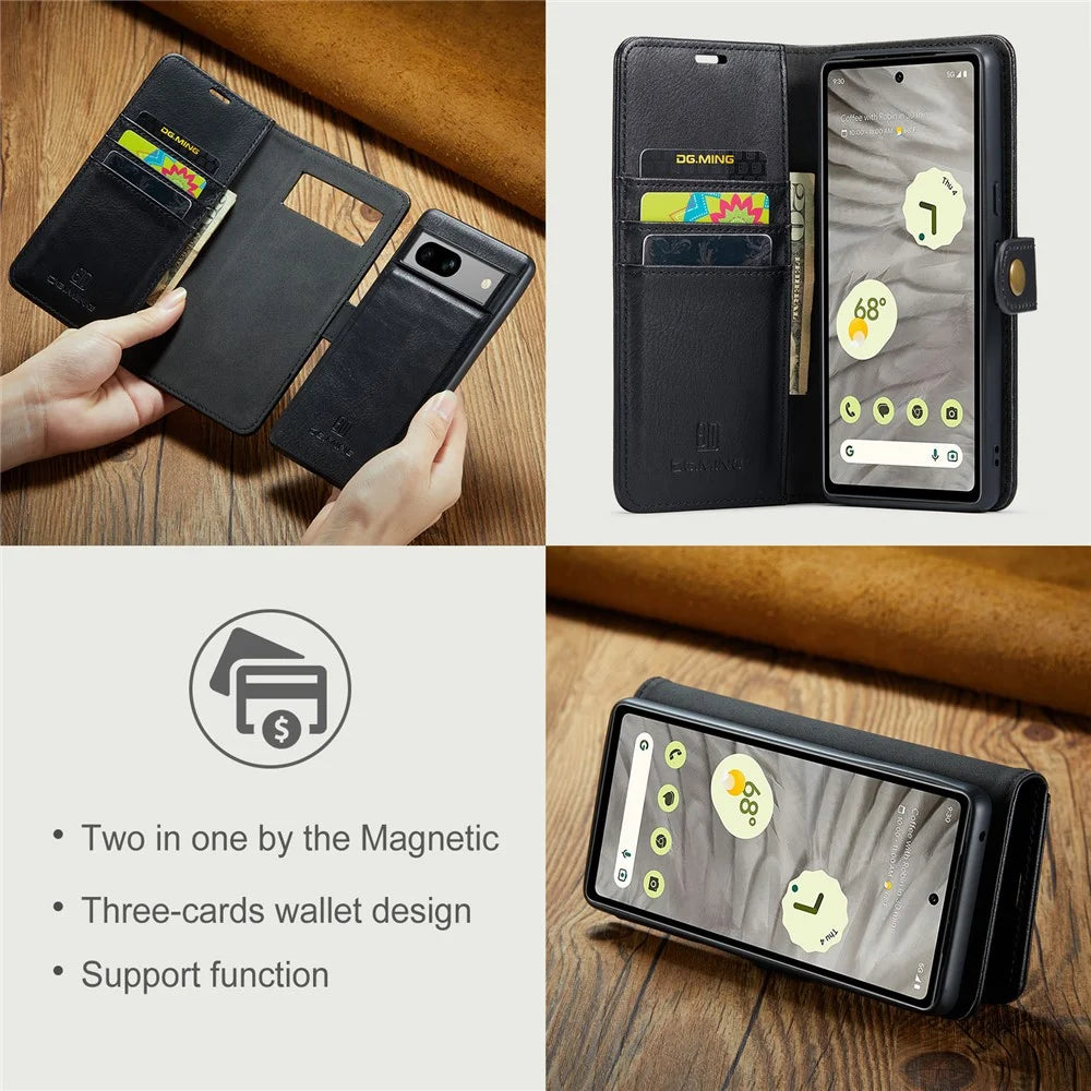 DG.MING for Google Pixel 8a Case Removable 2 in 1 Split Leather Folio Phone Cover - Black - 7