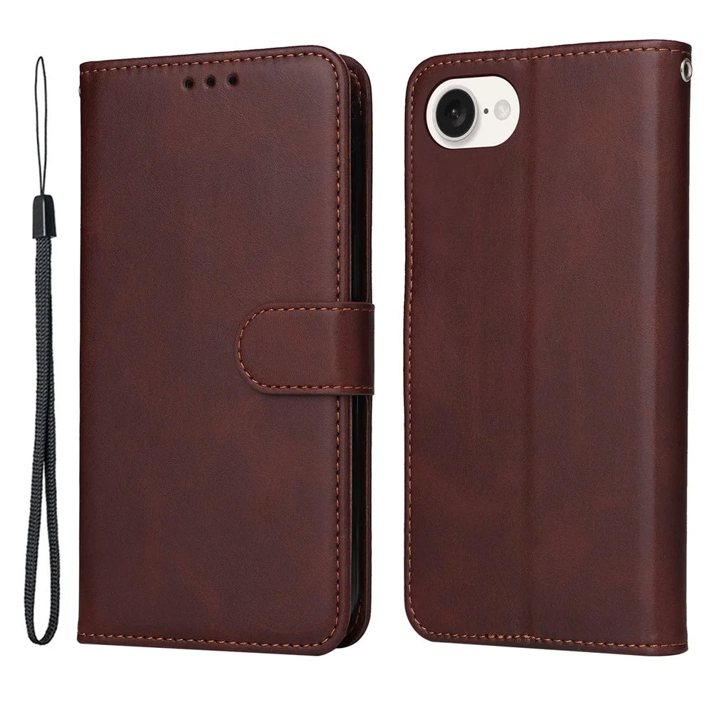 For iPhone 17e / 16e Leather Phone Case Magnetic Clasp Flip Wallet Phone Stand Cover - Brown - 1