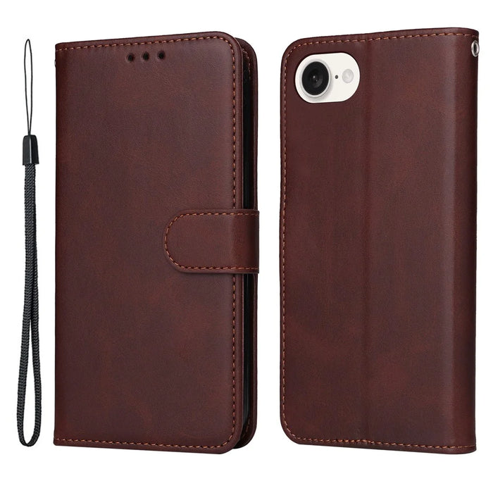 For iPhone 17e / 16e Leather Phone Case Magnetic Clasp Flip Wallet Phone Stand Cover - Brown - 1