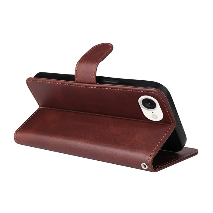 For iPhone 17e / 16e Leather Phone Case Magnetic Clasp Flip Wallet Phone Stand Cover - Brown - 3