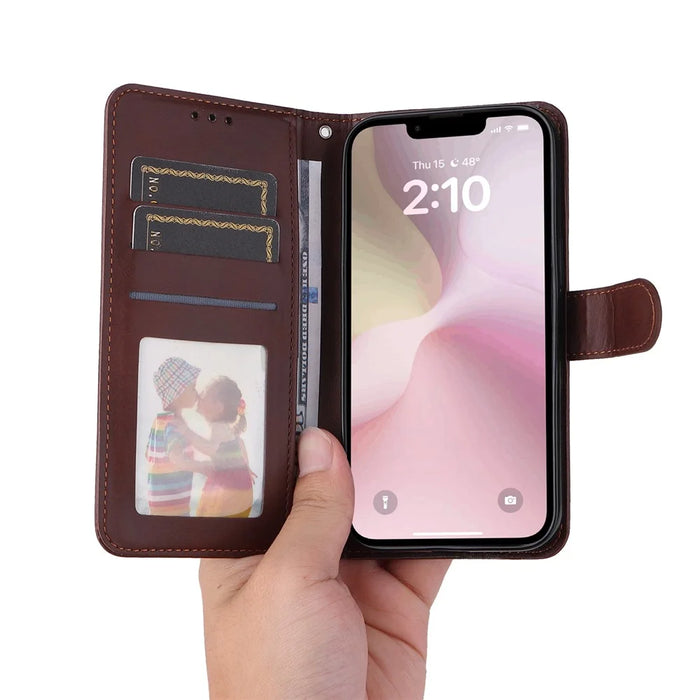 For iPhone 17e / 16e Leather Phone Case Magnetic Clasp Flip Wallet Phone Stand Cover - Brown - 4