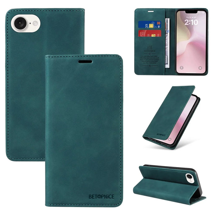 BETOPNICE 003 For iPhone 17e / 16e Wallet Case RFID Blocking Leather+TPU Shockproof Phone Shell - Green - 6