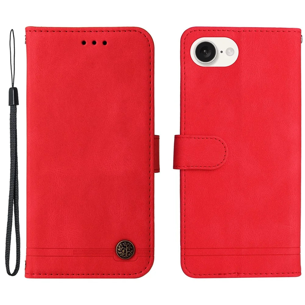 For iPhone 17e / 16e Leather Wallet Cases Skin Touch Phone Cover Stand with Strap - Red - 1