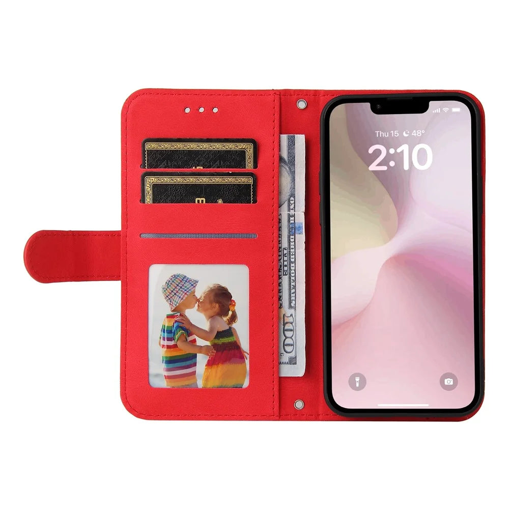 For iPhone 17e / 16e Leather Wallet Cases Skin Touch Phone Cover Stand with Strap - Red - 2
