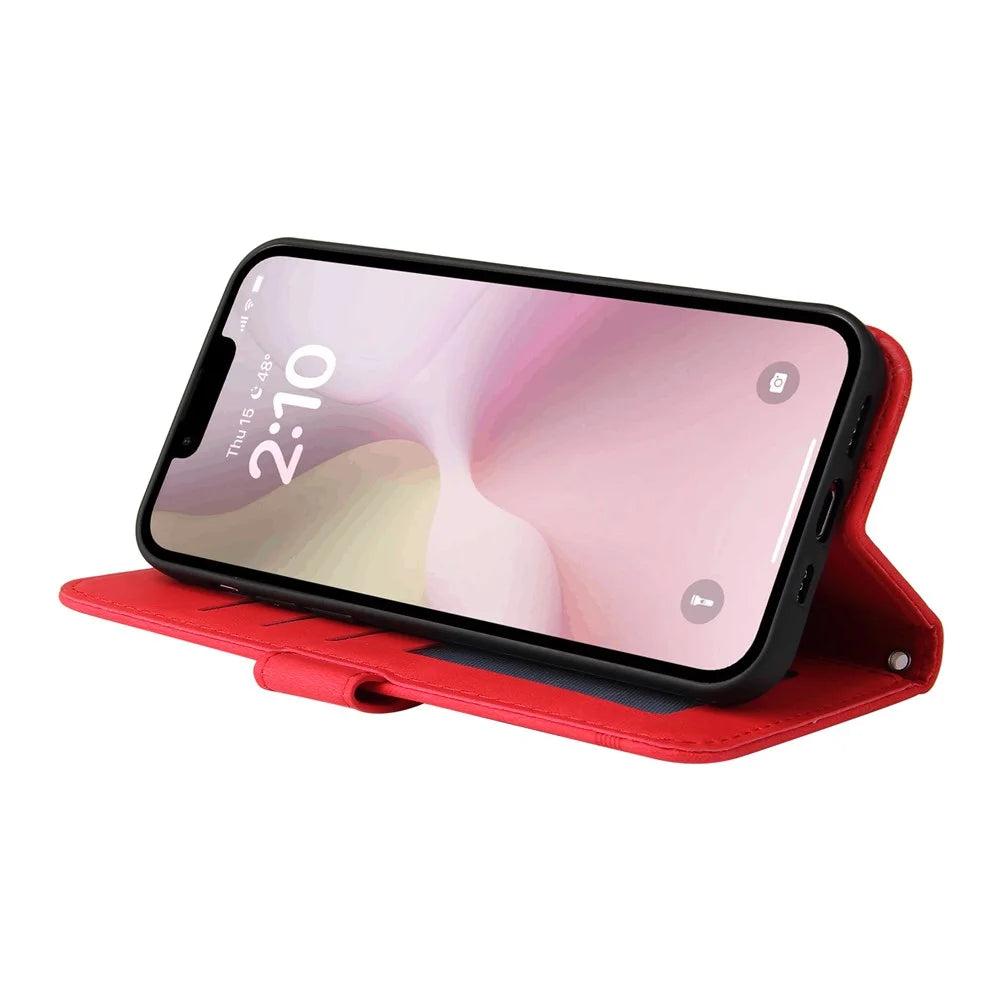 For iPhone 17e / 16e Leather Wallet Cases Skin Touch Phone Cover Stand with Strap - Red - 3