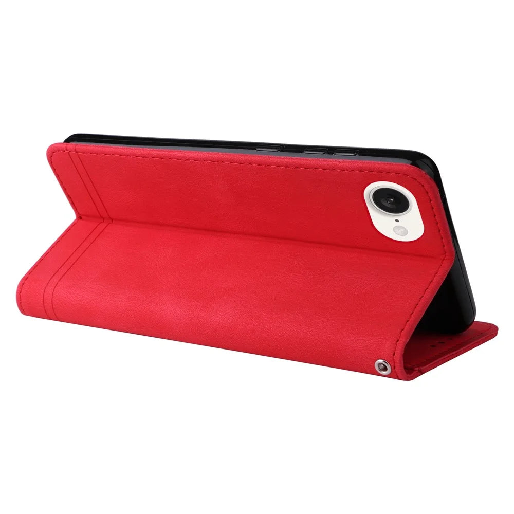 For iPhone 17e / 16e Leather Wallet Cases Skin Touch Phone Cover Stand with Strap - Red - 4