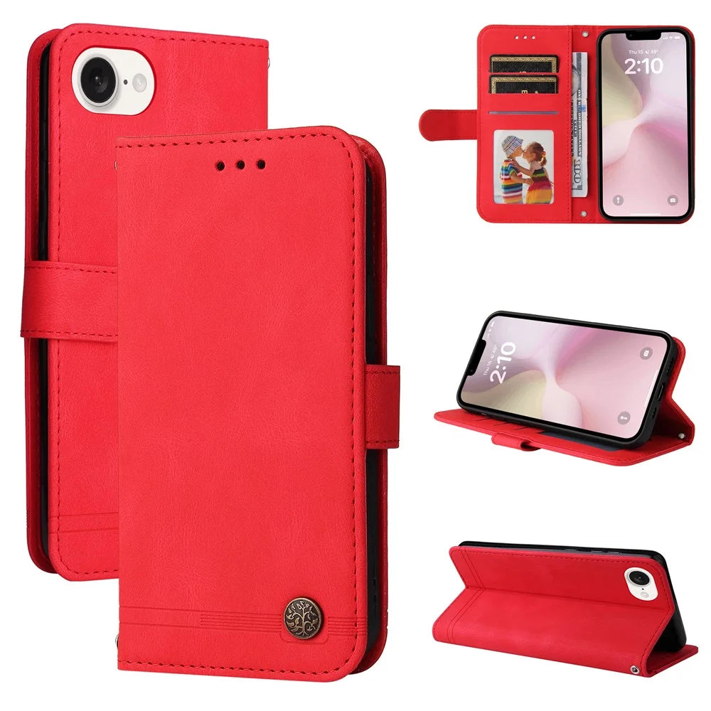 For iPhone 17e / 16e Leather Wallet Cases Skin Touch Phone Cover Stand with Strap - Red - 6