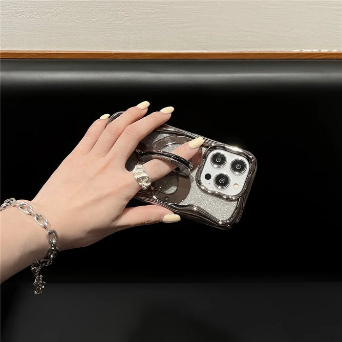 For iPhone 14 Pro Max Case PC Kickstand Electroplated TPU Clear Cover with Built-In Glitter Powder Paper - Silver - 4