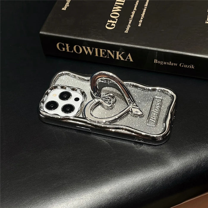 For iPhone 15 Pro Max Case Heart Shape Kickstand Anti-Drop TPU Clear Cover with Glitter Paper - Silver - 3