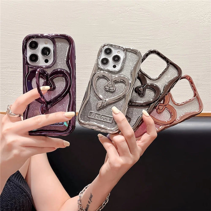 For iPhone 15 Pro Max Case Heart Shape Kickstand Anti-Drop TPU Clear Cover with Glitter Paper - Silver - 7