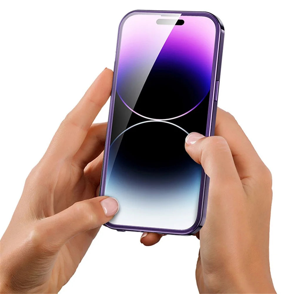 For iPhone 13 Pro Magnetic Case Acrylic+Tempered Glass Buckle Lock Clear Logo View Phone Cover - Dark Purple - 3