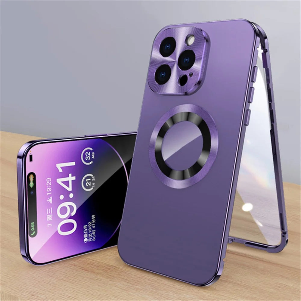 For iPhone 15 Pro Max Compatible with Magsafe Acrylic+Tempered Glass Clear Phone Cover with Buckle Lock - Dark Purple - 1