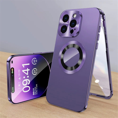 For iPhone 15 Pro Max Compatible with Magsafe Acrylic+Tempered Glass Clear Phone Cover with Buckle Lock - Dark Purple - 1