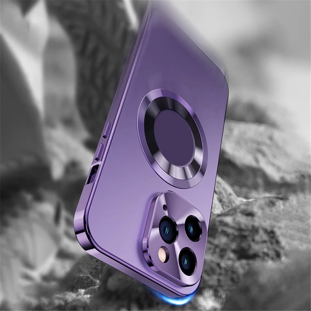 For iPhone 15 Pro Case Metal+Acrylic+Tempered Glass Phone Cover Compatible with Magsafe - Dark Purple - 7