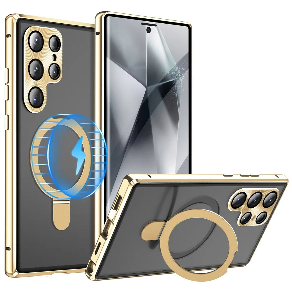 For Samsung Galaxy S24 Ultra Magnetic Case Kickstand Matte PC Cover with HD Tempered Glass Film - Gold - 1
