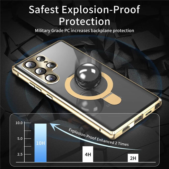 For Samsung Galaxy S24 Ultra Magnetic Case Kickstand Matte PC Cover with HD Tempered Glass Film - Gold - 2