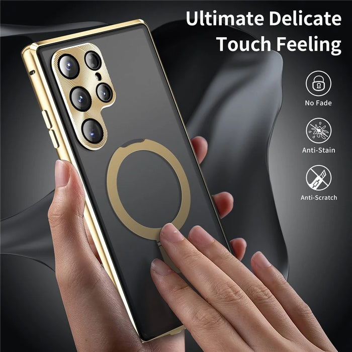 For Samsung Galaxy S24 Ultra Magnetic Case Kickstand Matte PC Cover with HD Tempered Glass Film - Gold - 3