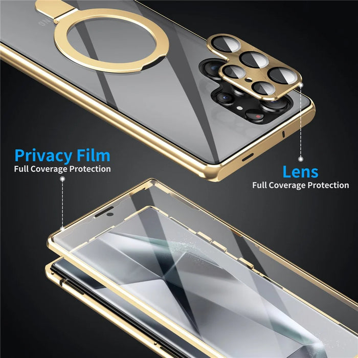 For Samsung Galaxy S24 Ultra Magnetic Case Kickstand Matte PC Cover with HD Tempered Glass Film - Gold - 4