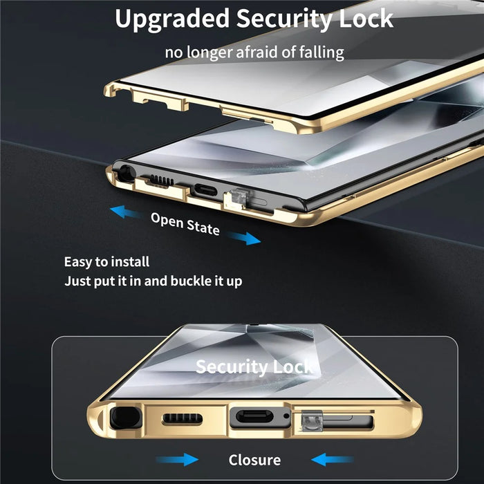 For Samsung Galaxy S24 Ultra Magnetic Case Kickstand Matte PC Cover with HD Tempered Glass Film - Gold - 5