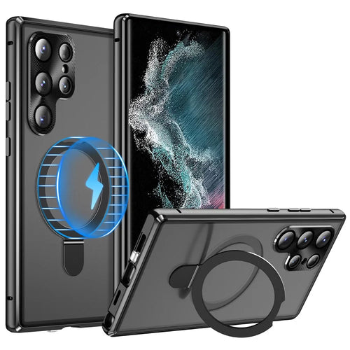 For Samsung Galaxy S22 Ultra 5G Phone Cover Magnetic Matte PC Case with HD Tempered Glass Film - Black - 1