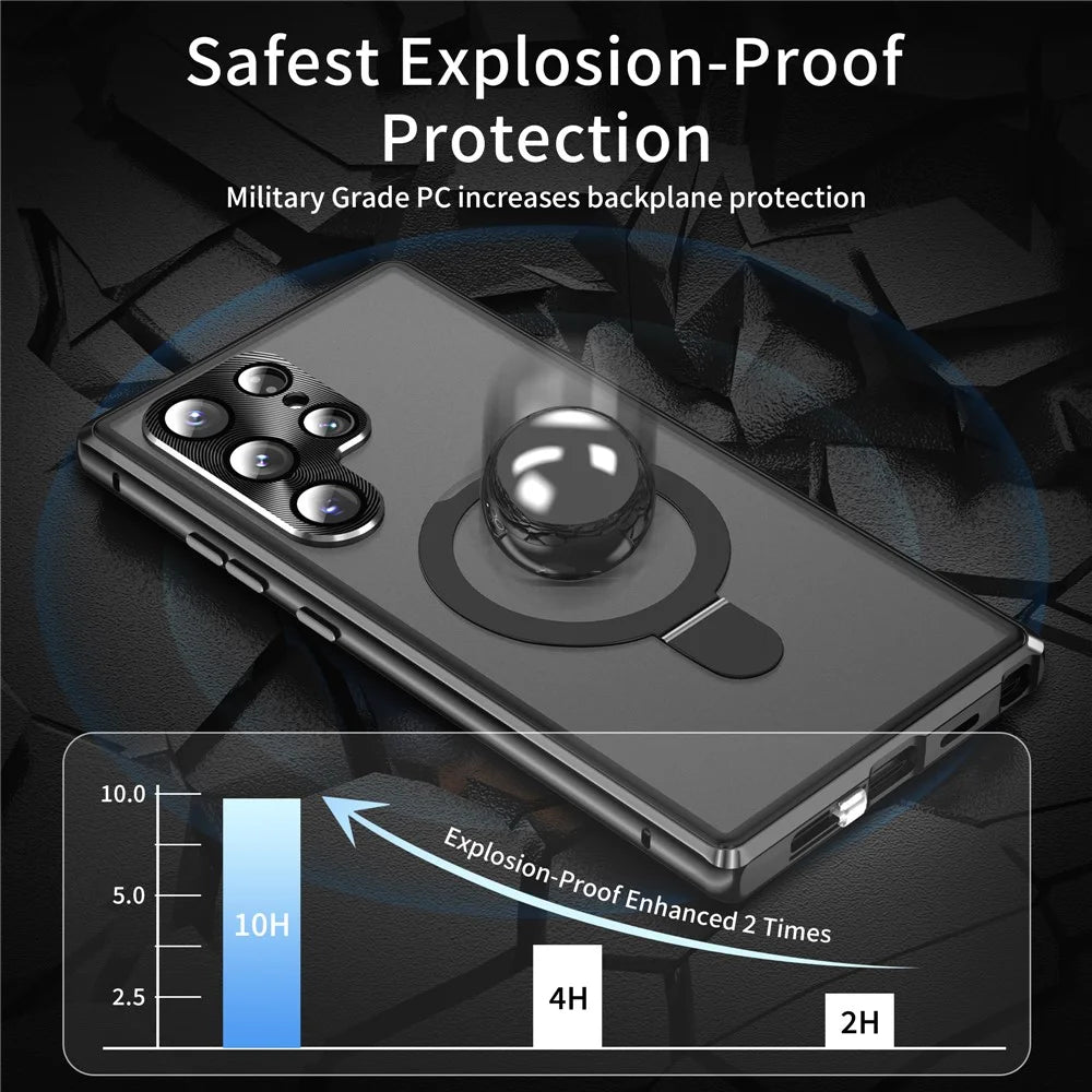 For Samsung Galaxy S22 Ultra 5G Phone Cover Magnetic Matte PC Case with HD Tempered Glass Film - Black - 2