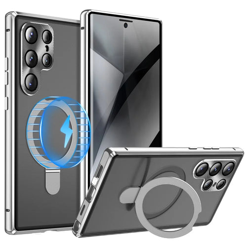 For Samsung Galaxy S24 Ultra Case Magnetic Kickstand Privacy Tempered Glass+Matte PC Back Phone Cover - Silver - 1