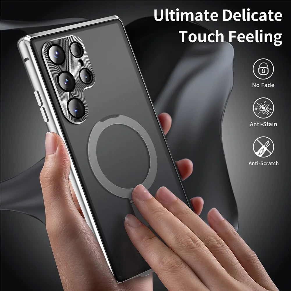 For Samsung Galaxy S24 Ultra Case Magnetic Kickstand Privacy Tempered Glass+Matte PC Back Phone Cover - Silver - 3
