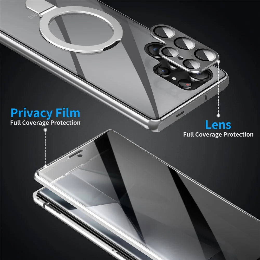 For Samsung Galaxy S24 Ultra Case Magnetic Kickstand Privacy Tempered Glass+Matte PC Back Phone Cover - Silver - 4