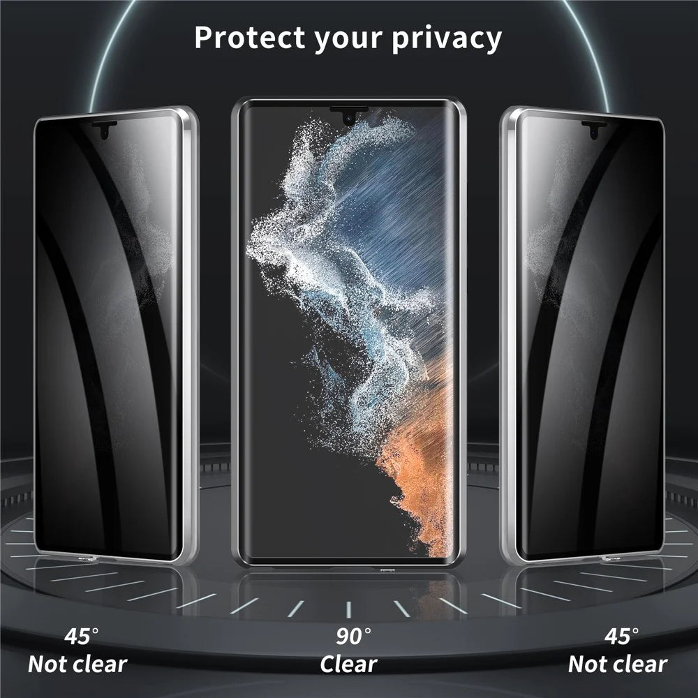 For Samsung Galaxy S24 Ultra Case Magnetic Kickstand Privacy Tempered Glass+Matte PC Back Phone Cover - Silver - 6