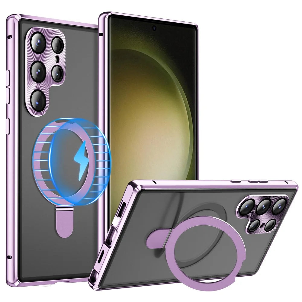 For Samsung Galaxy S23 Ultra Magnetic Case Kickstand Matte PC Cover with Anti-Spy Tempered Glass Film - Purple - 1