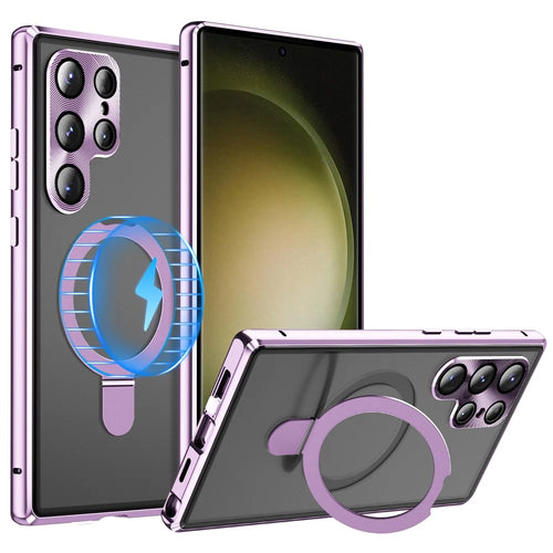 For Samsung Galaxy S23 Ultra Magnetic Case Kickstand Matte PC Cover with Anti-Spy Tempered Glass Film - Purple - 1