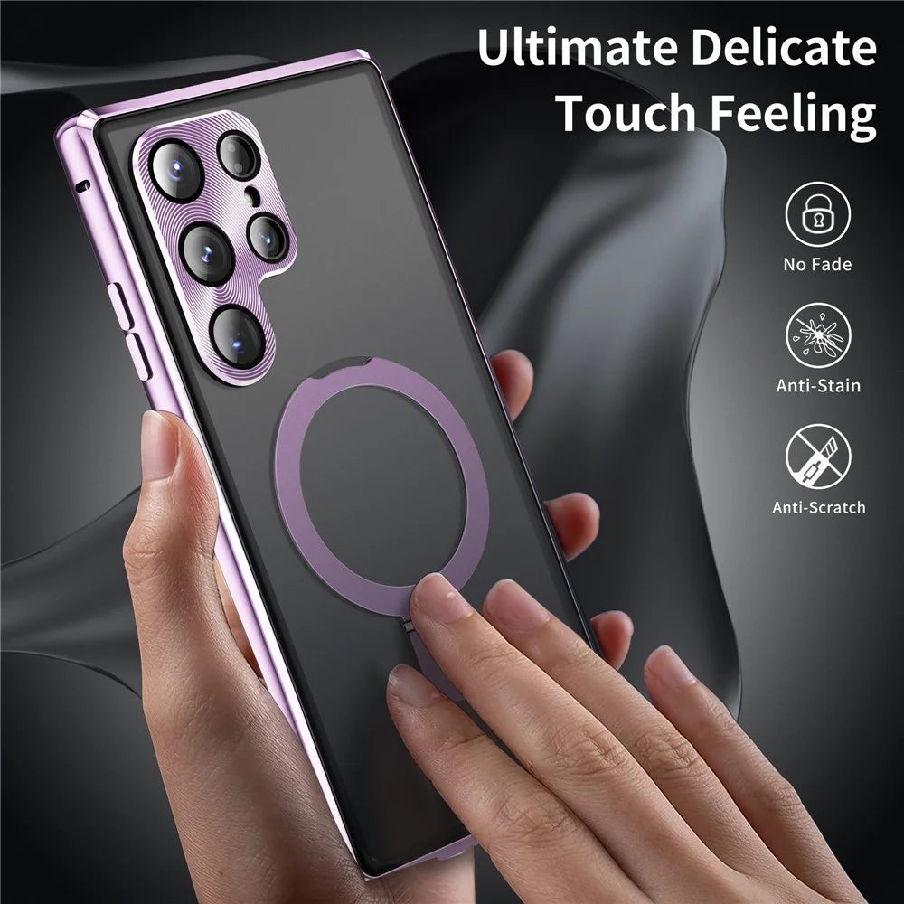 For Samsung Galaxy S23 Ultra Magnetic Case Kickstand Matte PC Cover with Anti-Spy Tempered Glass Film - Purple - 3