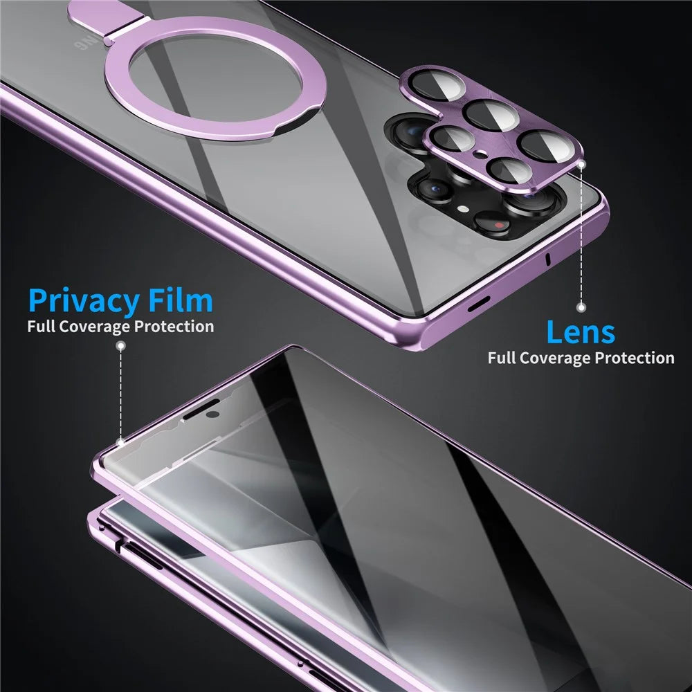For Samsung Galaxy S23 Ultra Magnetic Case Kickstand Matte PC Cover with Anti-Spy Tempered Glass Film - Purple - 4