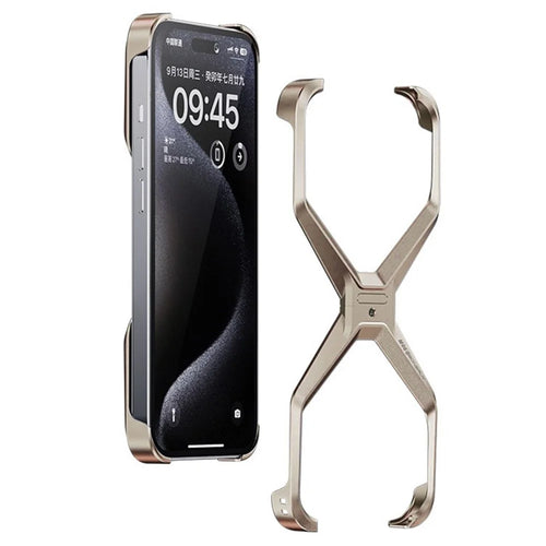For iPhone 15 Pro Frameless Case X-Shape Minimalist Aluminium Alloy Slim Bumper Cover - Titanium Gold - 1