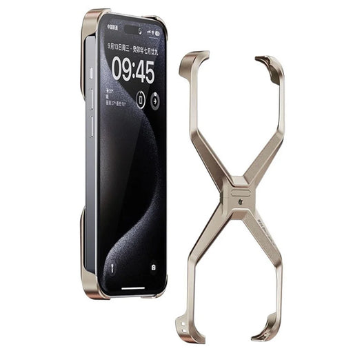 For iPhone 15 Pro Frameless Case X-Shape Minimalist Aluminium Alloy Slim Bumper Cover - Titanium Gold - 1