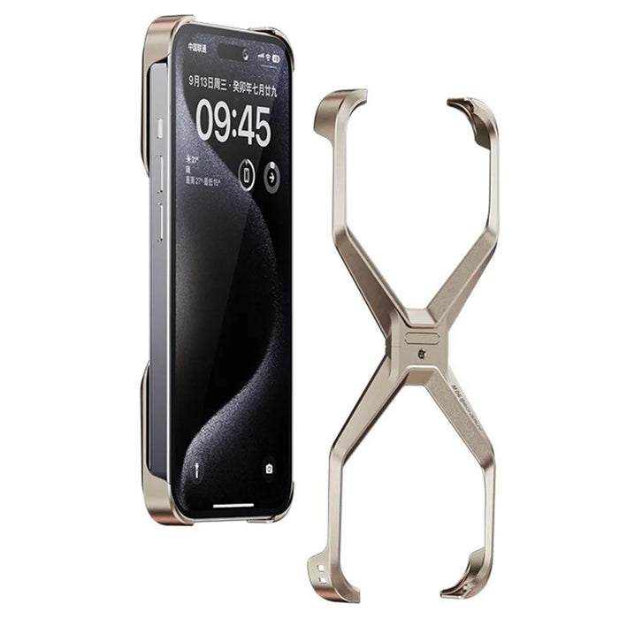 For iPhone 15 Pro Frameless Case X-Shape Minimalist Aluminium Alloy Slim Bumper Cover - Titanium Gold - 1