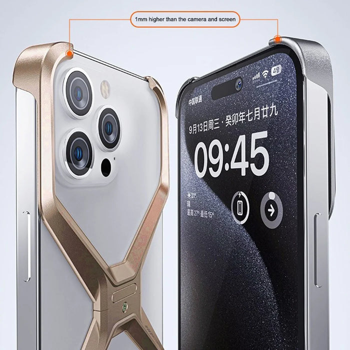 For iPhone 15 Pro Frameless Case X-Shape Minimalist Aluminium Alloy Slim Bumper Cover - Titanium Gold - 2
