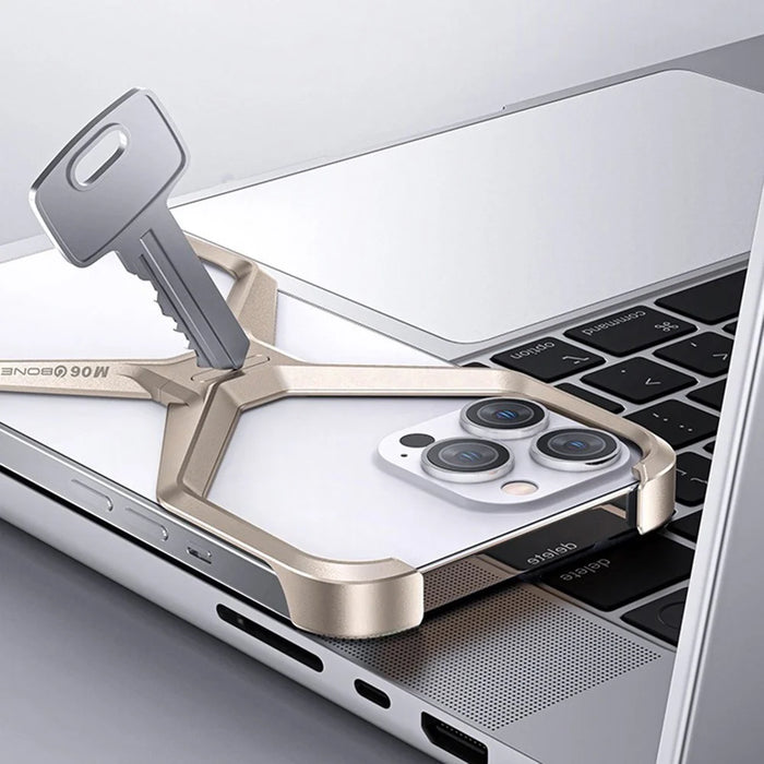 For iPhone 15 Pro Frameless Case X-Shape Minimalist Aluminium Alloy Slim Bumper Cover - Titanium Gold - 6